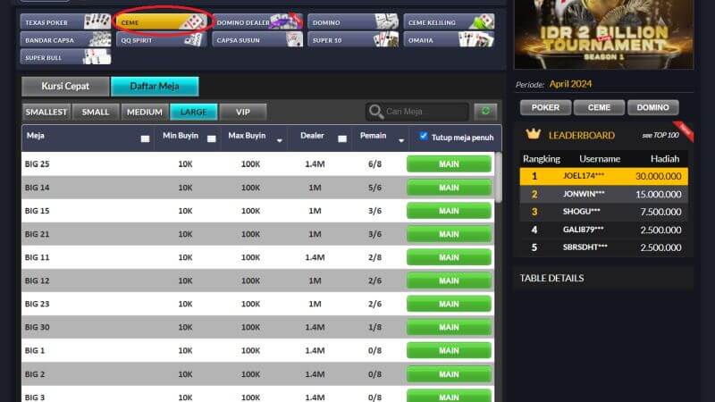 Pilihan Daftar Meja di Permainan Kartu Ceme di Nirwanapoker
