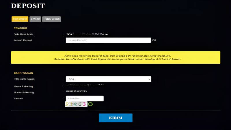 Formulir Pengisian Saldo Akun di Nirwanapoker